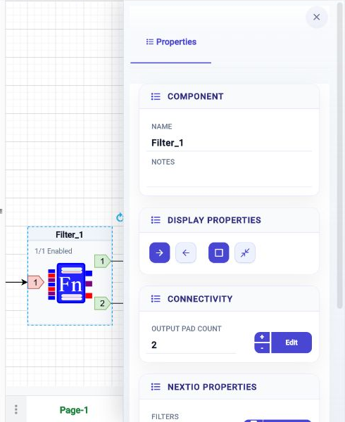 A selected Filter component with its common Properties panel open.